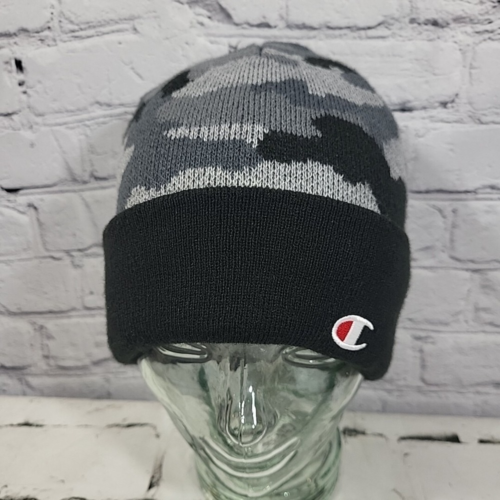 Champion Beanie Mens One Size‎ Black Gray Camo Warm Winter Hat Ski Cap